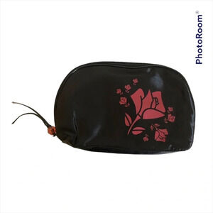 5/$25 LANCÔME Makeup Bag Zip Bead Pull Closure Black Red  Roses 6.5”x9.5”
